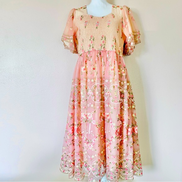 Noliabae Peach Pink & Yellow Embroidered Floral Smocked Tulle Dress. - Picture 7 of 13